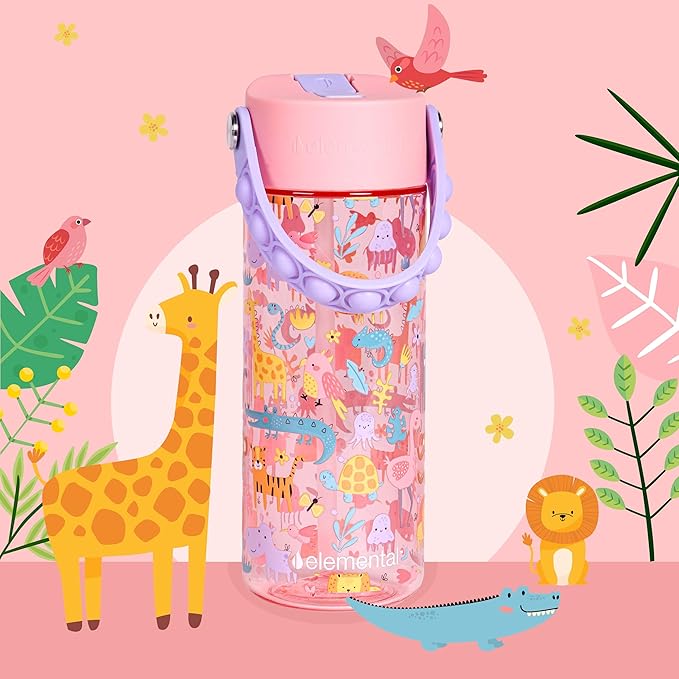 Elemental Leak Proof Water Bottles for Kids - Splash Kids Water Bottle for School with Fun Fidget Pop-it Handle - BPA Free Tritan Plastic Reusable Water Bottle with Straw - Pink Safari - 18oz