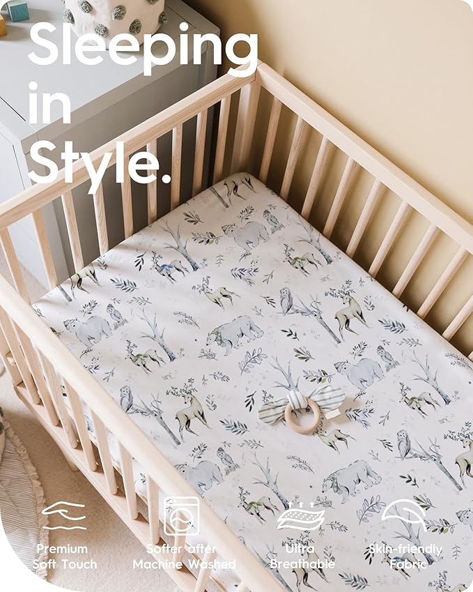 Pack N Play Sheets Fitted, TotBasic Ultra Soft Woodland Mini Crib Sheets, Premium Jersey Knit Pack and Play Sheets, Stretchy Neutral Play Yard Sheets for Graco Pack and Play, 2 Pack (Deer&Rabbit)