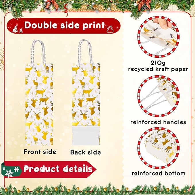 Harloon 32 Pack Christmas Wine Gift Bags Bulk Holiday Wine Bottle Bags with Handles Tissue Paper Metallic Foil Champagne Gift Bags with 4 Designs for Winter Wine Gift Banquet Birthday (Black, Gold)