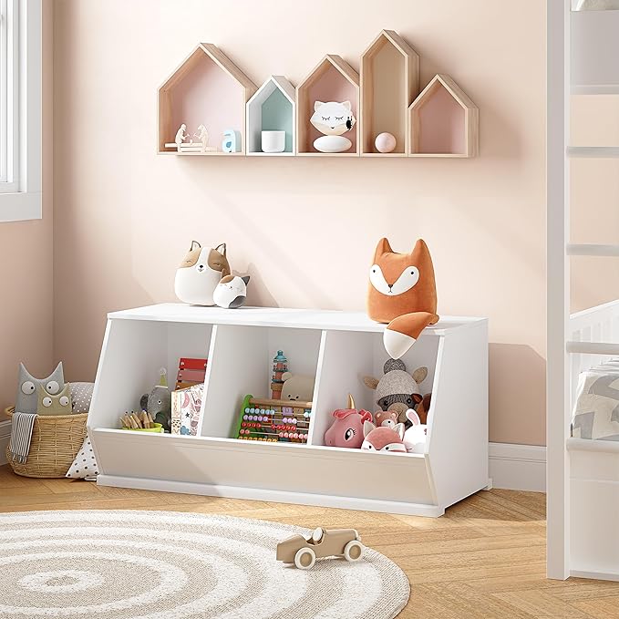 UTEX Toy Storage Organizer for Kids, Stackable Toy Storage Cabinet, Wooden Cubby Toy Organizer, White Toy Shelf for Playroom, Bedroom, Living room, Nursery, 3 Cubes