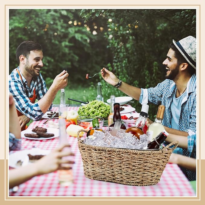 Domensi 2 Pcs Small 3 Gallons Ice Bucket with Wicker Outer Basket Handle Beverage Tub Grass Rope Woven Farmhouse Galvanized Bucket for Party Seaside Bar Buffet Wine Beer Bottle, 15.5 x 9.2 x 6.1 in