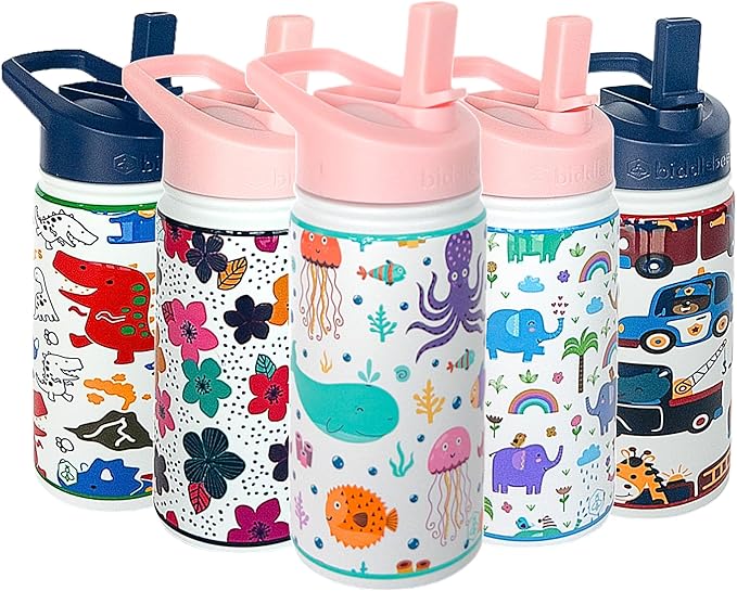 Biddlebee Kids Water Bottle with Straw Lid | 14oz Insulated Stainless Steel Reusable Bottles for School | Leak Proof Cap with Handle & Touch Free Spout | Great for Boys & Girls (Under the Sea)