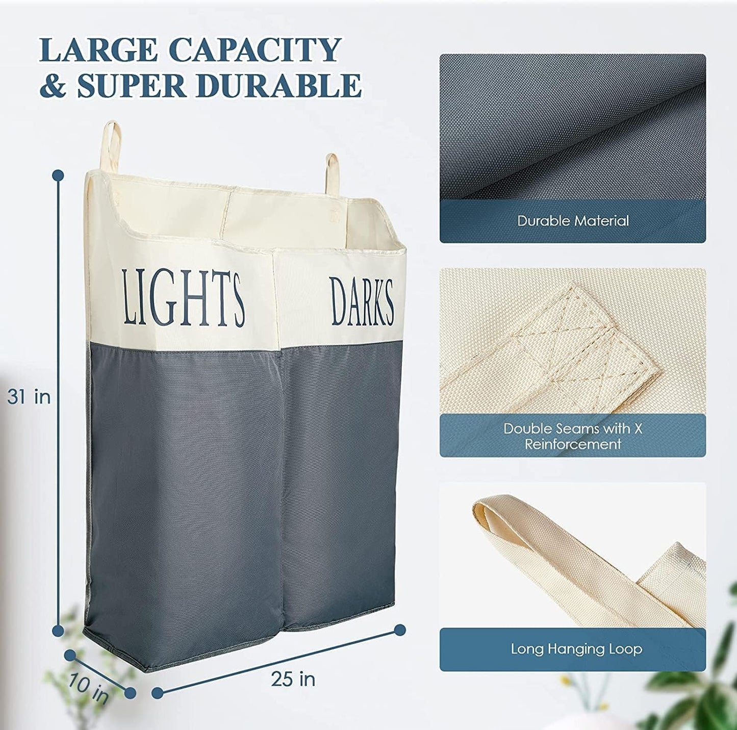 The Fine Living Co. X-Large Two Compartments Hanging Laundry Hamper with Over Door Hooks, Durable Space Saving Laundry Bag Storage with Bottom Zipper, Wide Open Top Dark/Light Compartment(25"x10"x31")