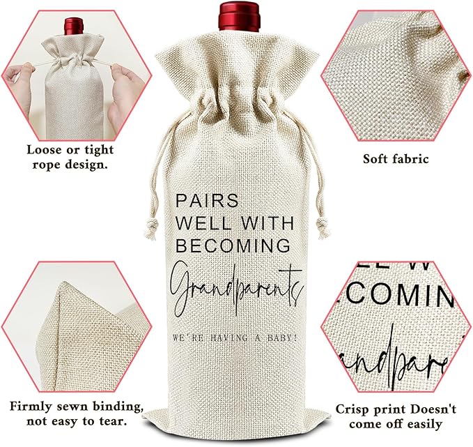 Pairs Well with Becoming Grandparents - Gifts for New Grandpa Grandma Wine Bags, 1 PC Reusable Drawstring Burlap Wine Bottle Bags, Baby Announcement Gifts for Mom Dad, Wine Accessories -10