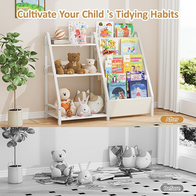 Kids Bookshelf and Toy Organizer, Book Shelf for Kids Rooms,2 in 1 Nursery Book Shelves, Toddler Bookshelf Montessori Bookshelf and Kids Book Shelf (White)