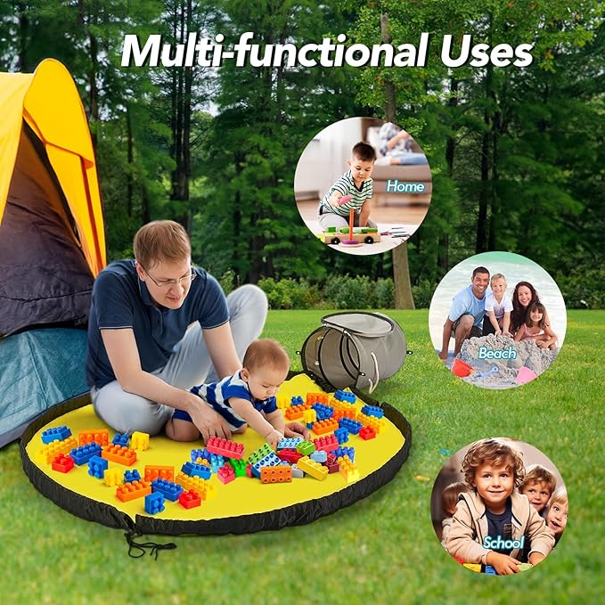 Toy Storage Basket and Play Mat for Kids - Foldable Toy Storage Organizer Bins with Lids - Kids Toy Box Chest for Building Blocks, Boys, Girls, Nursery, Playroom, 12.6''x12.6''x15.5''(Grey)