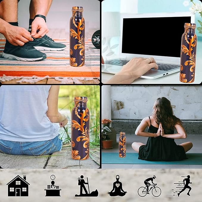 Pure Copper Water Bottle - Handcrafted - Ayurveda health benefits - Large 35 oz - Leak proof - Easy to carry for Sports, Fitness, Yoga, School - Royal Blue Base Floral Golden Vines Enamel