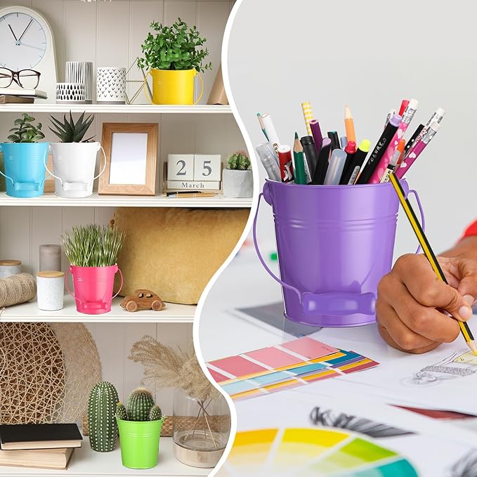 Therwen 24 Pieces Small Metal Buckets with Handle Colored Galvanized Bucket Round Metal Pail for Kids Classroom Candy Crafts,Utensils, Vase Party Favor(4.13 Inch,Wood Handle)