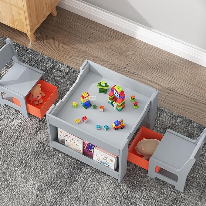 Kids Table and Chair Set, 4 in 1 Wooden Activity Table & 2 Chairs with Storage Drawer Detachable Tabletop for Toddlers Kids Drawing, Reading, Crafts, Art,Homework, Nursery, Playroom