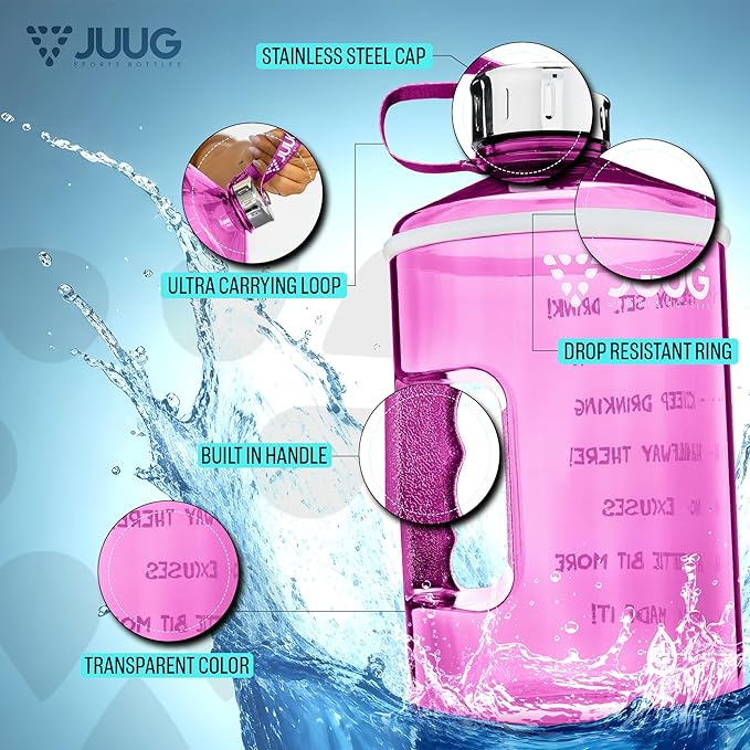 JUUG 1 Gallon Water Bottle with Times to Drink - Gallon Water Jug with Handle - 128oz Leakproof BPA Free Bottle for Gym Fitness- One Gallon Water Bottle with Motivational Time Markers