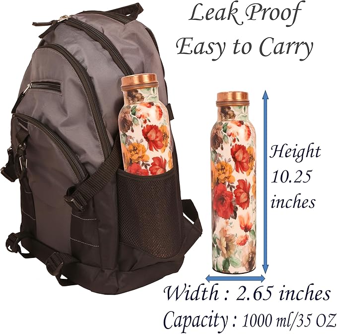 Pure Copper Water Bottle - Handcrafted - Ayurveda health benefits - Large 35 oz - Leak proof - Easy to carry for Sports, Fitness, Yoga, School - White Base Floral Vintage Colors Enamel