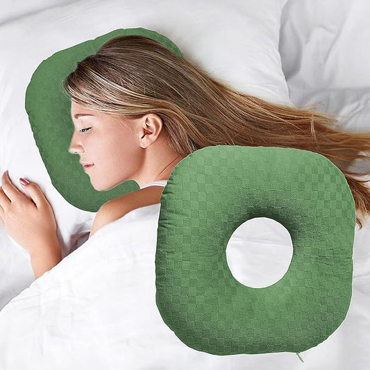 Ear Piercing Pillow for Side Sleepers, Pillow with an Ear Hole for CNH and Ear Pain Ear Inflammation Pressure Sores, O-Shaped Side Sleeping Pillow, Ear Guard Pillow(Dark Green)