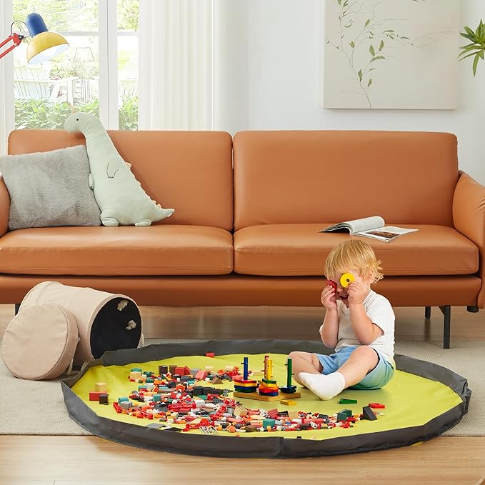 EXQ Home Toy Storage Basket and Building Bricks Toy Play Mat for Kids Rooms (11.8 x15 inches) - Organizer Storage Organizer for Toys, Playroom Canvas Bag Gift for Boy/Girls Beige