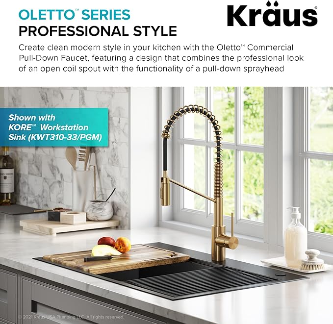 KRAUS Oletto Commercial Style Single Handle Pull Down Kitchen Faucet with QuickDock Top Mount Installation Assembly in Brushed Brass, KPF-2631BB