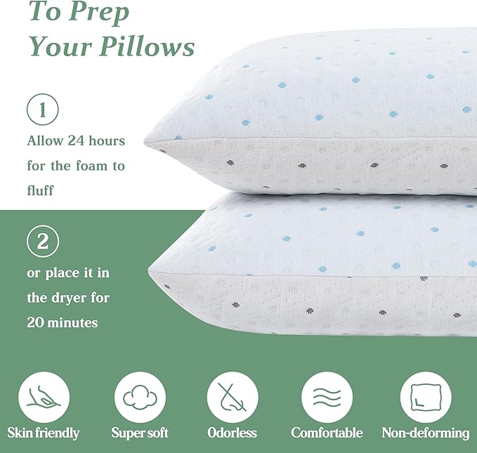 Cooling Pillows Queen Size Set of 2 with Extra Stuffing Adjustable 100% Shredded Memory Foam Pillows Firmer & Soft with Washable Cover Bed Pillows for Side Back Stomach Sleeper Hypoallergenic