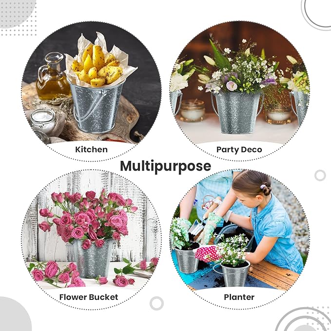 Small Metal Buckets with Handle 6 Pcs – Galvanized Bucket Leak Proof & Rust Resistant 20 fl oz Capacity - Best for Party Décor, Organizing & Decorating Classrooms (Silver, Small 4.3" Top)