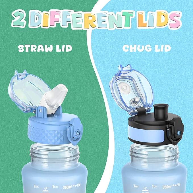 OLDLEY Kids Water Bottle for School, 12 oz (2 lids) BPA-Free Reusable Leak-proof Durable Tritan Plastic Water Bottles with Straw & Chug Lids, Anti-dust Spout Cover (Dreamland)