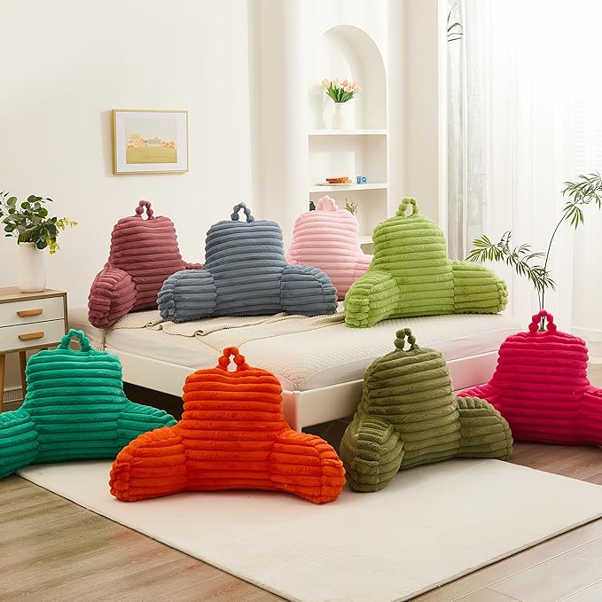 Faux Fur Fluffy Dusty Blue Reading Pillow with Pockets, Luxury Striped Plush Decorative, Arm Rests and Back Surport for Bed Rest, Lounging on sofa, Large