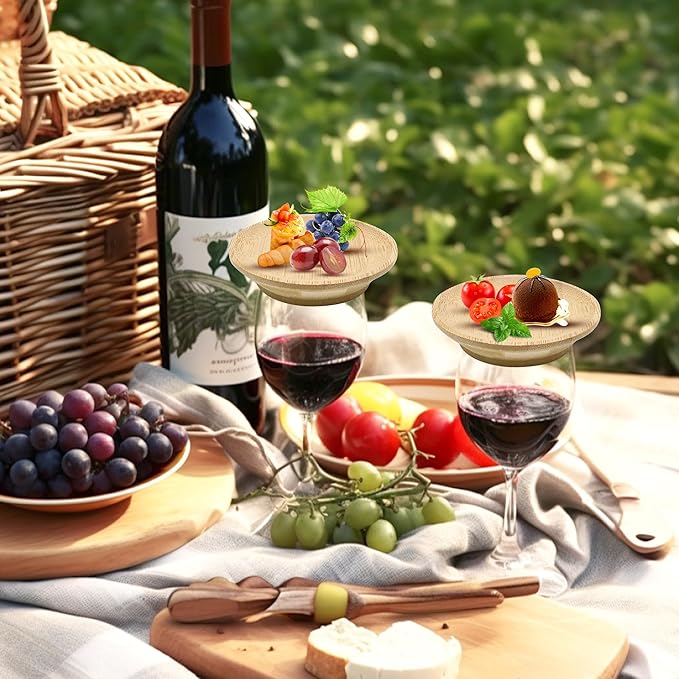 4PCS Wine Glass Charcuterie Topper, Bamboo Wine Glass Topper Coasters Plate, Charcuterie Wine Glass Topper, Prevent Red Wine Spills for Family Gatherings, Restaurants, Bars