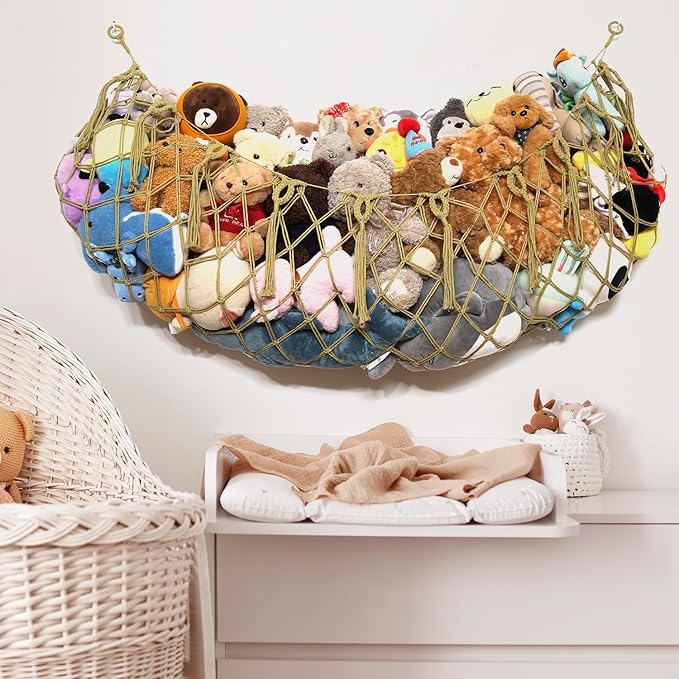 Stuffed Animal Hammock Corner Hanging Net Plush Toy Organizer Macrame Stuffed Animal Storage Display for Teddy Net Corner Toy Net for Bedroom-Khaki