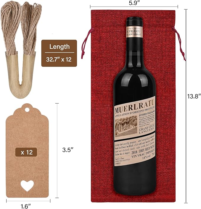 EVRWO Burlap Wine Bags 12 Pcs Wine Bottle Gift Bags Reusable Gift Bags With Drawstrings Tags & Ropes for Holiday Weedings Party, Birthdays, Travel, Blind Tastings, Home Storage 750ml (Burgundy)