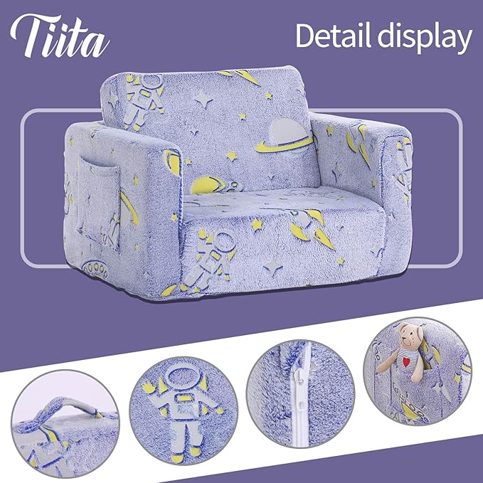 Tiita Kids Sofa, 2-in-1 Kids Sofa Chair, Convertible Children Couch to Lounger, Flip Out Kids Sofa Chair, Toddler Armrest Chair Bed, Folding Kids Play Sofa for Girl or Boy(Blue Astronauts)