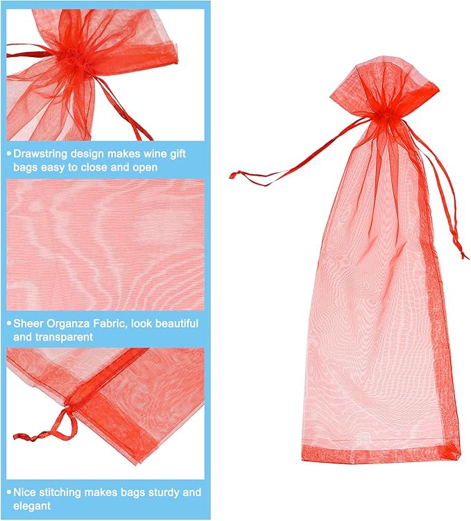 uxcell Organza Wine Bags, 12PCS 14.5 x 5.5 In Red Sheer Mesh Organza Wine Wrapping Bags With Drawstring Wine Gift Pouches for Bottle Birthday, Wedding Party