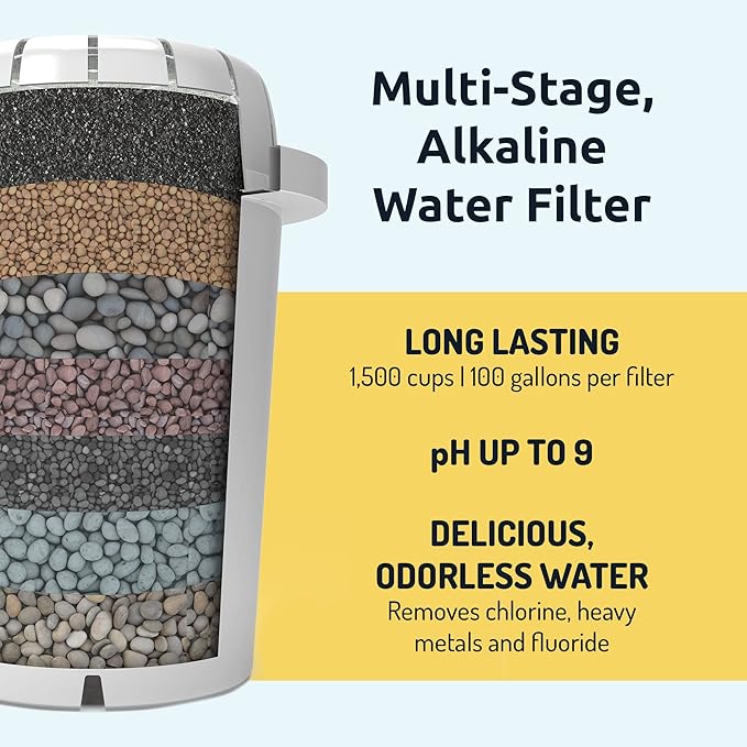 pH Recharge Glass Alkaline Water Filter Dispenser - Countertop Water Filter System - Alkaline Water Purifier Pitcher - High pH Pure Drinking Water Filtration - 8.5L/2.25 Gal (Bamboo/Marble)