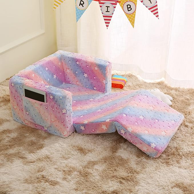Kids Sofa, Glow in The Dark Toddler Chairs Children's 2 in 1 Convertible Sofa to Lounger - Extra Soft Flip Open Chair & Sleeper, Toddler Couch Chair, Sofa Bed for Boys Girls