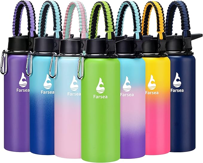 Farsea Insulated Water Bottle with Straw Lid & Spout Lid & Paracord Handle, Stainless Steel Water Bottle Wide Mouth, Double Wall Sweat-Proof BPA-Free, 40 oz, Green