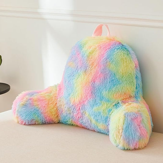 XeGe Fluffy Back Support Pillow Cover for Bed (No Filler), Tie Dye Faux Fur Backrest Pillow Case, Furry Reading Pillow Cover with Arms Adults Kids Girls, Fuzzy Sit Up Study Pillow for Floor, Rainbow