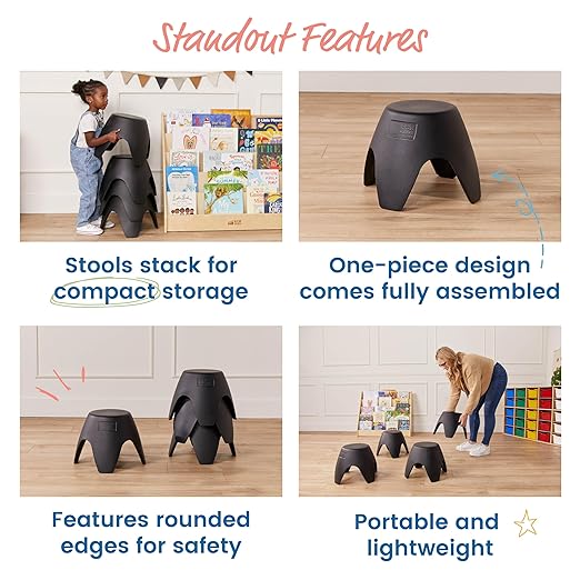 ECR4Kids Ayana Stool Set, Flexible Seating, Black, 4-Pack
