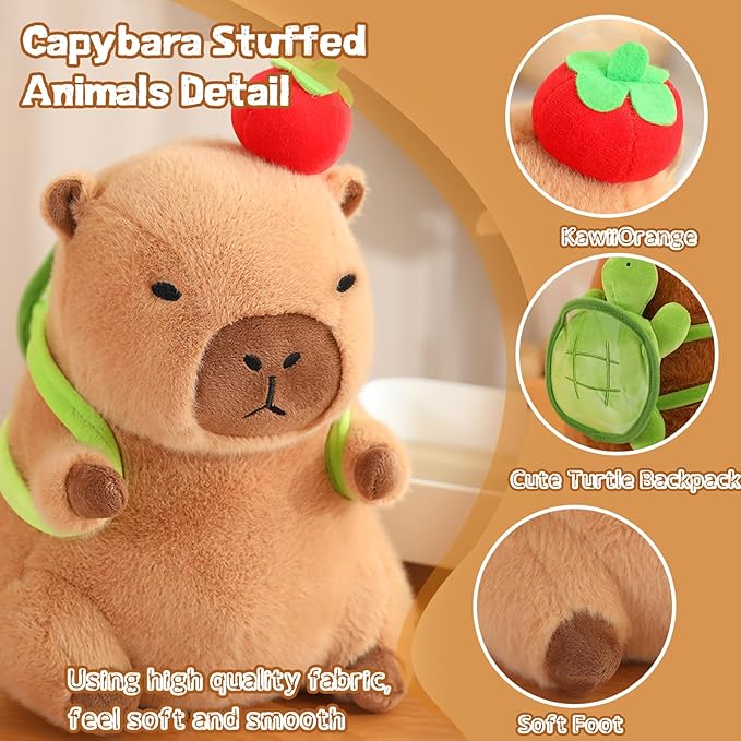 Cute Capybara Plush with Turtle Backpack Kawaii Capybara Stuffed Animal with Apple Capybara Plushies Soft Capybara Pillow Toy Birthday for Kids Boys Girls 12 inch