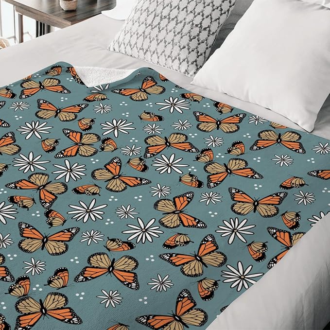 Butterfly Daisy Flower Baby Blanket for Girls Gift, Blue Yellow Floral Flannel Fleece Nursery Bed Receiving Blankets, Soft Warm Lightweight Newborn Infant Toddler Kids Crib Bedding 50 x 60