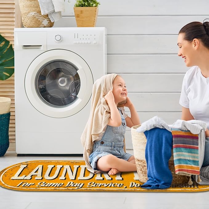 Ottomanson Laundry Collection Non-Slip Rubberback Laundry Text Design 2x5 Laundry Room Runner Rug, 20" x 59" Oval, Orange