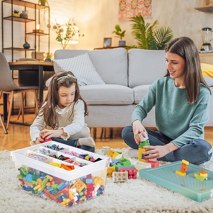 loobuu Plastic Storage Bins with Lids - 1 Set Stackable Arts Crafts Organizer Box with Removable Divided Tray &Compatible Building Baseplate,Toy Chest Containers for Bricks -Green(14.37"x9.64"x6.69")