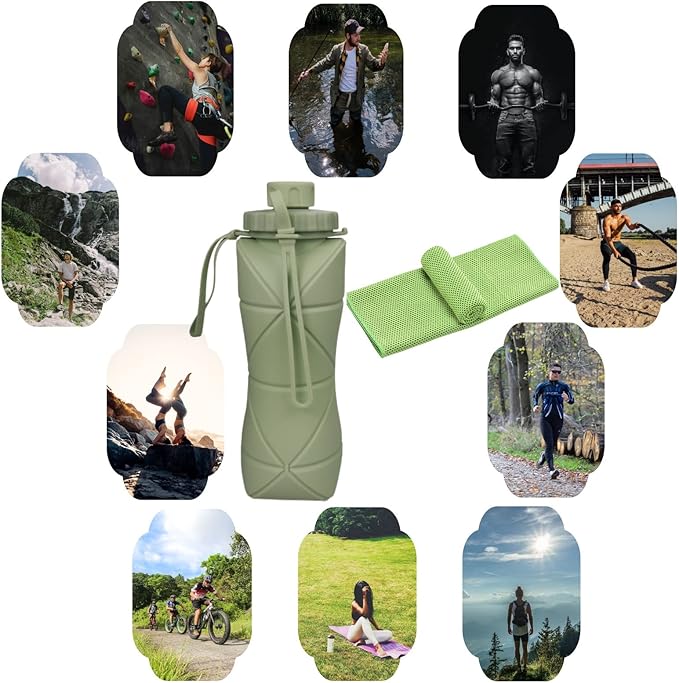 Gift for Father Day and Graduation, New Portable Silicone Collapsible Water bottle with Cooling Towel for Traveling and Outdoor Sports,600ml BPA Free Water Bottle,Summer Essentials (Green)
