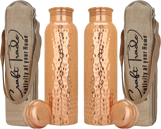 Copper Water Bottle for Drinking 34 oz Copper Ayurveda Set Of 2 Pure Copper Water Bottle Ayurvedic Water Bottle with Lid Leak Proof Joint Less Bottle Travel Bottle for Gym,Office Hiking,Outdoor Bottle