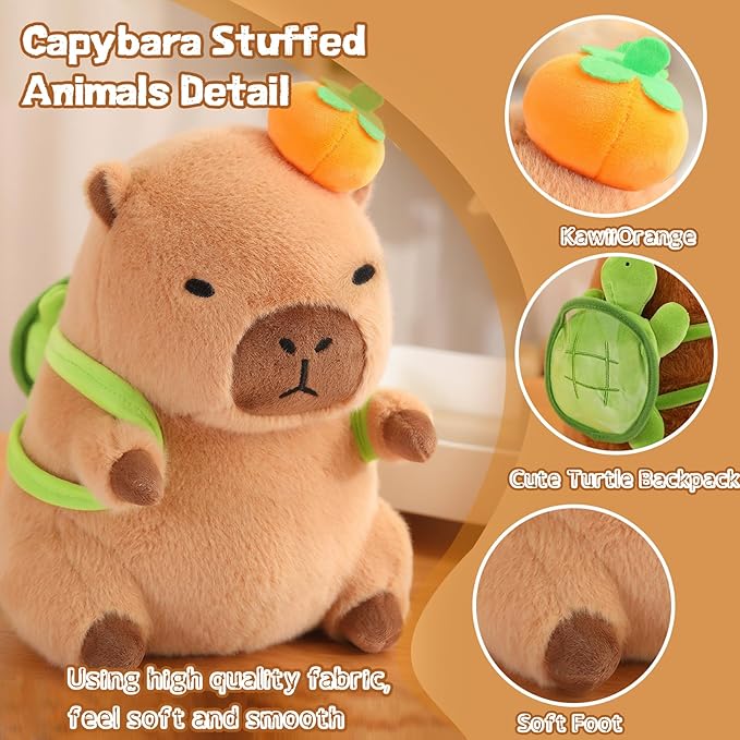Cute Capybara Plush with Turtle Backpack Kawaii Capybara Stuffed Animal with Orange Capybara Plushies Soft Capybara Pillow Toy Birthday for Kids Boys Girls 12 inch