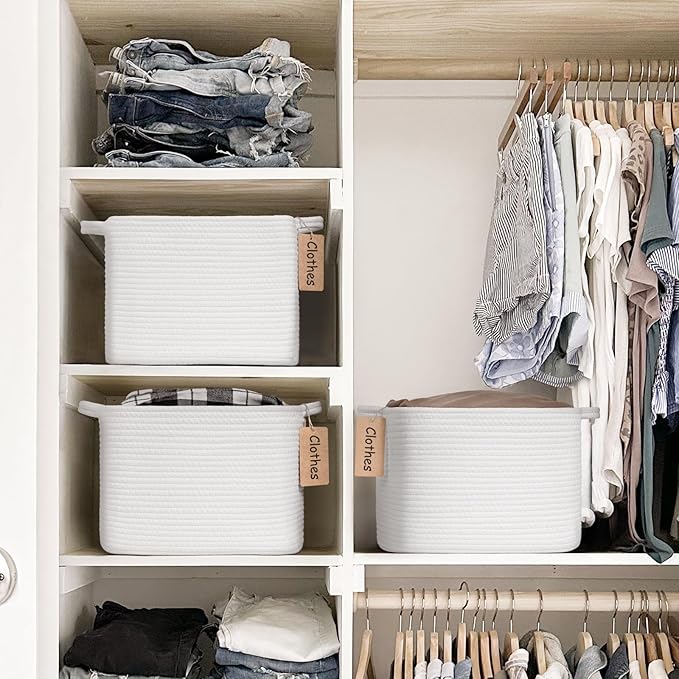 Goodpick Rope Basket, Storage Baskets for Organizing, Rectangle Baby Nursery basket with Handles, Small Woven Basket for Shelves, Living Room, 13 x 10 x 9 Inches, White