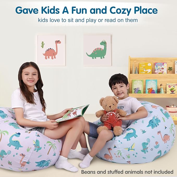 Lukeight Stuffed Animal Storage Bean Bag Chair Cover for Kids, Dinosaur Zipper Beanbag Chair Cover for Organizing Toddler and Kids' Rooms Plush Toys (Dinosaur Blue, X-Large)