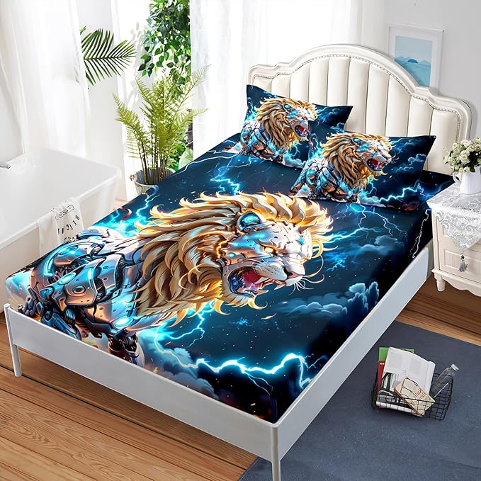 AILONEN Boys Lion Fitted Sheet Set Twin Size, Safari Animal Lion Blue Lightning 3 Pieces Printed Kids Bed Sheet Set,Wildlife Fitted Sheet with 2 Pillowcases