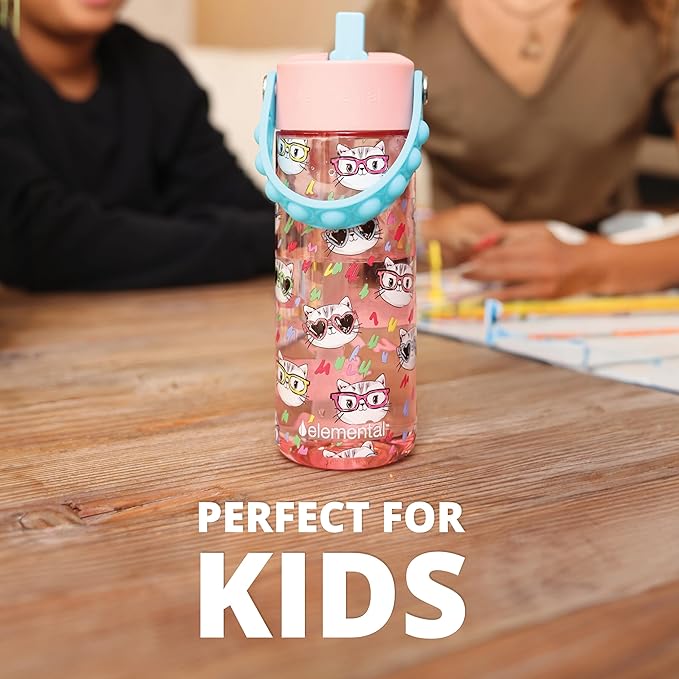 Elemental Leak Proof Water Bottles for Kids - Splash Kids Water Bottle for School with Fun Fidget Pop-it Handle - BPA Free Tritan Plastic Reusable Water Bottle with Straw - Stylish Cat - 18oz