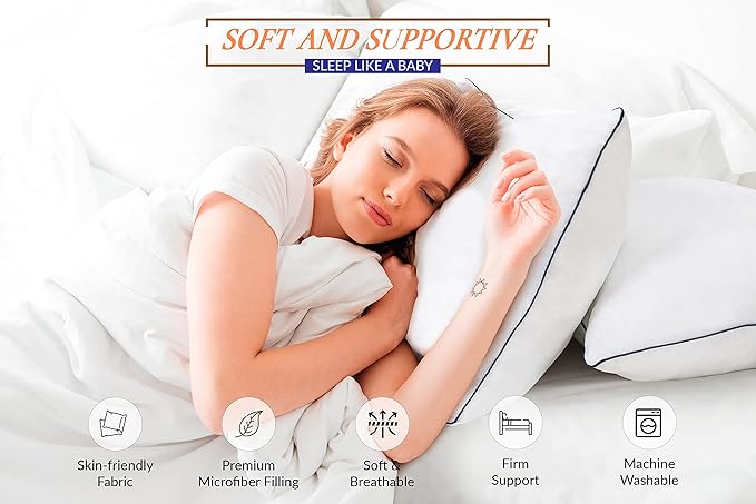 ROYALE LINENS Pillows Standard Size Set of 2 - Bed Pillows for Sleeping - Piping Pillow for Back, Stomach & Side Sleepers - Down Alternative Standard Pillow - Hotel Quality (20x26 Inches,Pack of 2)