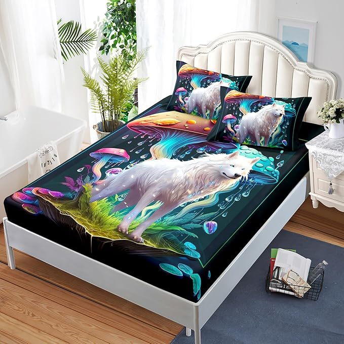 AILONEN White Wolf Fitted Sheet Set Twin XL Size, Cartoon Mushroom and Cute Wolf Bed Sheet Set,3 Pieces Rain Mushroom Fitted Sheet with 2 Pillowcases for Boys Girls