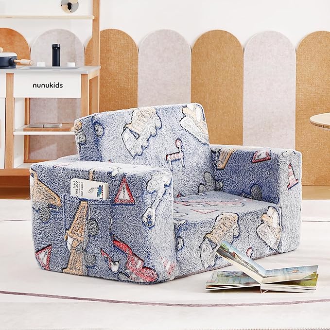 Tiita Kids Chair Couch, Folding Toddler Comfy Sofa Chairs, 2-in-1 Kids Plush Sofa Fold Out, Baby Armrest Chair Sofa to Lounger, Convertible Play Sofas to Bed for Girl or Boy, Vehicles