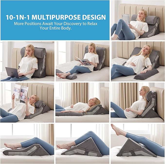 3PCS Bed Wedge Pillow for Sleeping, Adjustable Memory Foam Wedge Pillow for Back Leg Pain Relief, 23” Wide Triangle Pillow Wedge for Post Surgery, Acid Reflux, GERD & Snoring, Grey