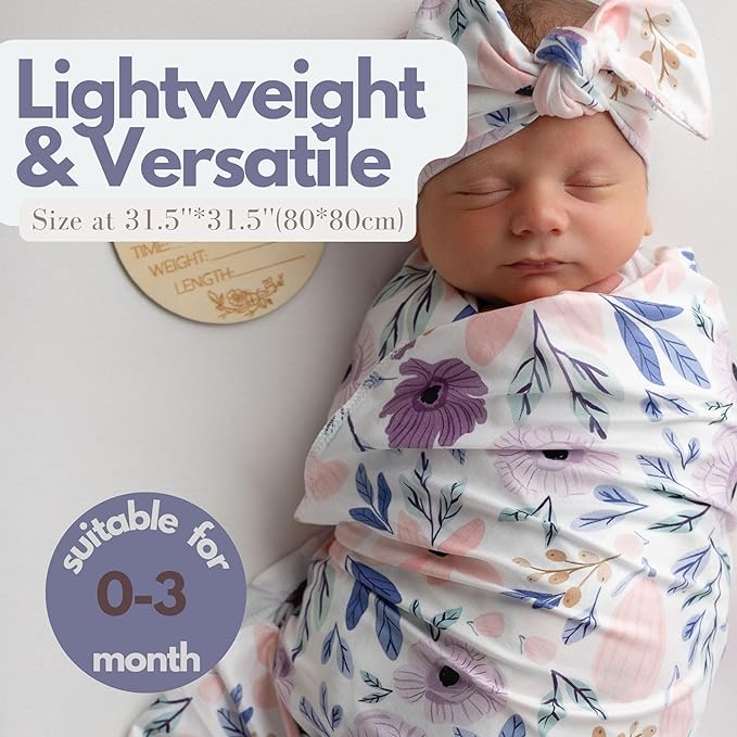 Newborn Baby Girl Receiving Blanket Swaddle Blanket Stretchy Knit Swaddle Set with Matching Headband Beanie with a Name Card (Pink and Purple Floral)