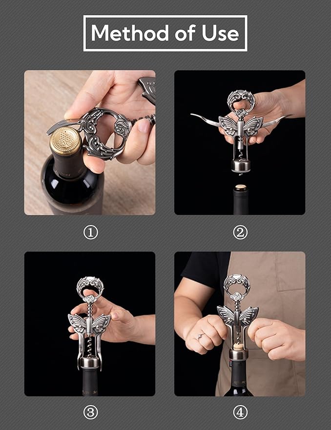 Wine Opener, 3 in 1 Zinc Alloy Premium Wing Corkscrew Wine Bottle Opener with Multifunctional Bottles Opener and Serrated Foil Cutter for Wine and Beer (Bronze)