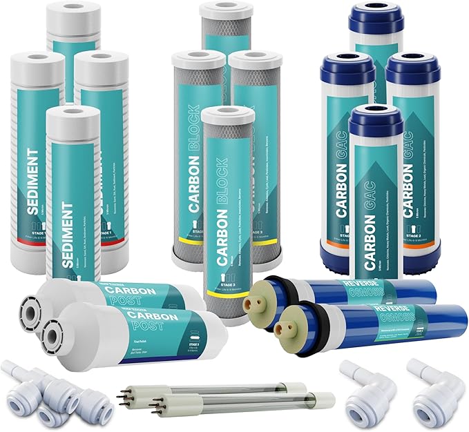 NU Aqua Reverse Osmosis Water Filter System Replacement Set - 6 Stage 2 Year UV Under Sink Kit - Membrane, Sediment, Carbon Filters, Parts & Fittings - Universal Undersink RO Filtration Cartridge Pack
